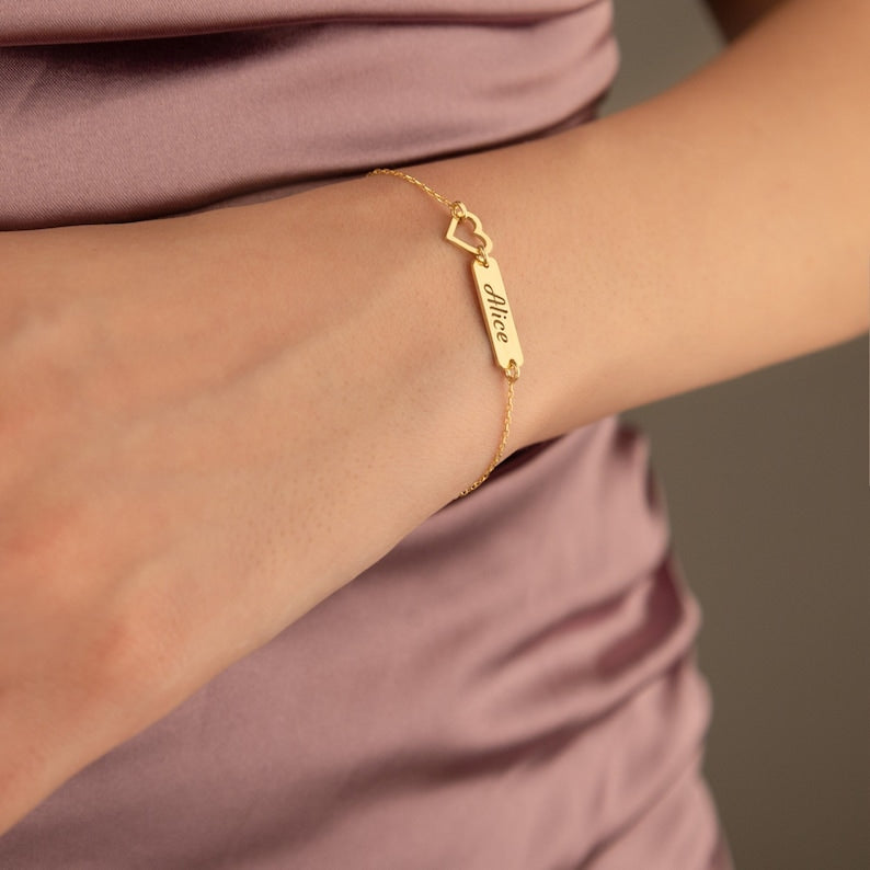 Custom Name Bar Bracelet with Hollow Heart Detail Minimalist Jewelry