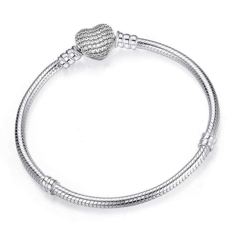 Elegant 925 sterling silver color snake chain bracelet with heart and star charms.
