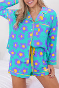 Pink Flower Print Long Sleeve Pajamas Set | Soft Elastic Shorts