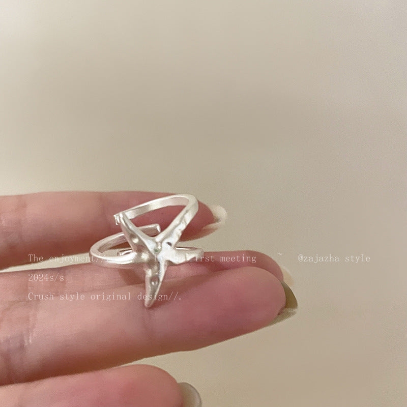Starfish Bead Adjustable Open Ring For Women, Niche High-End Literary Retro Elegant Index Finger Jewelry