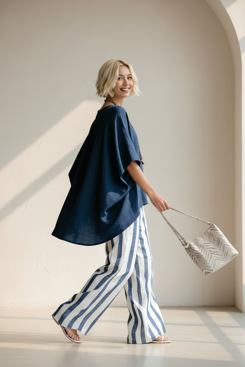 Women's Navy Batwing Top and Striped Linen Wide-Leg Pant Set - Image 2