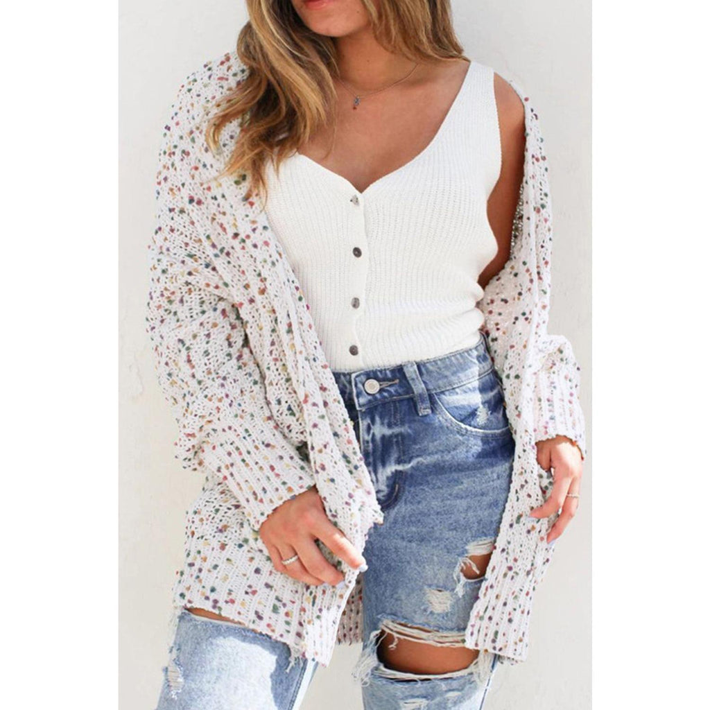 White Confetti Rib Knit Long Sleeve Cardigan Knitwear Womenswear