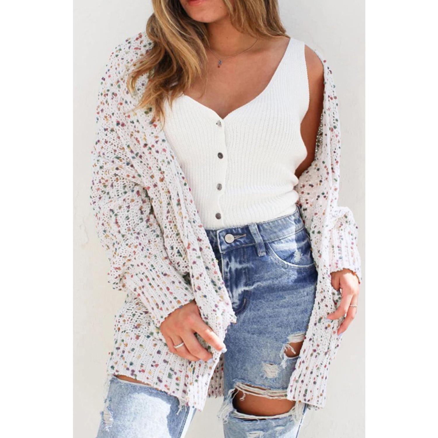 White Confetti Rib Knit Long Sleeve Cardigan Knitwear Womenswear