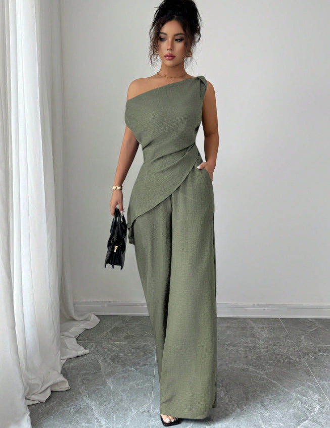 One-Shoulder Asymmetric Top & Wide-Leg Pants 2-Piece Co-ord Set
