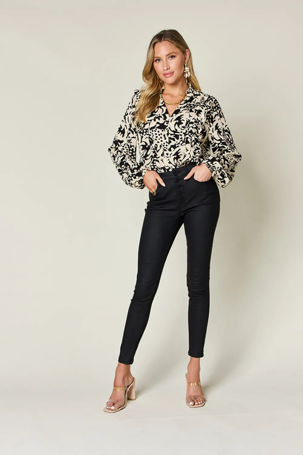 Printed Ruffle Trim Balloon Sleeve Shirt | Buttoned Blouse