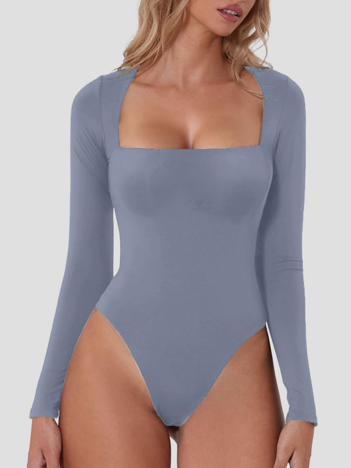 Women's Black Long Sleeve Square Neck Bodysuit Basic Slim Fit - Image 17