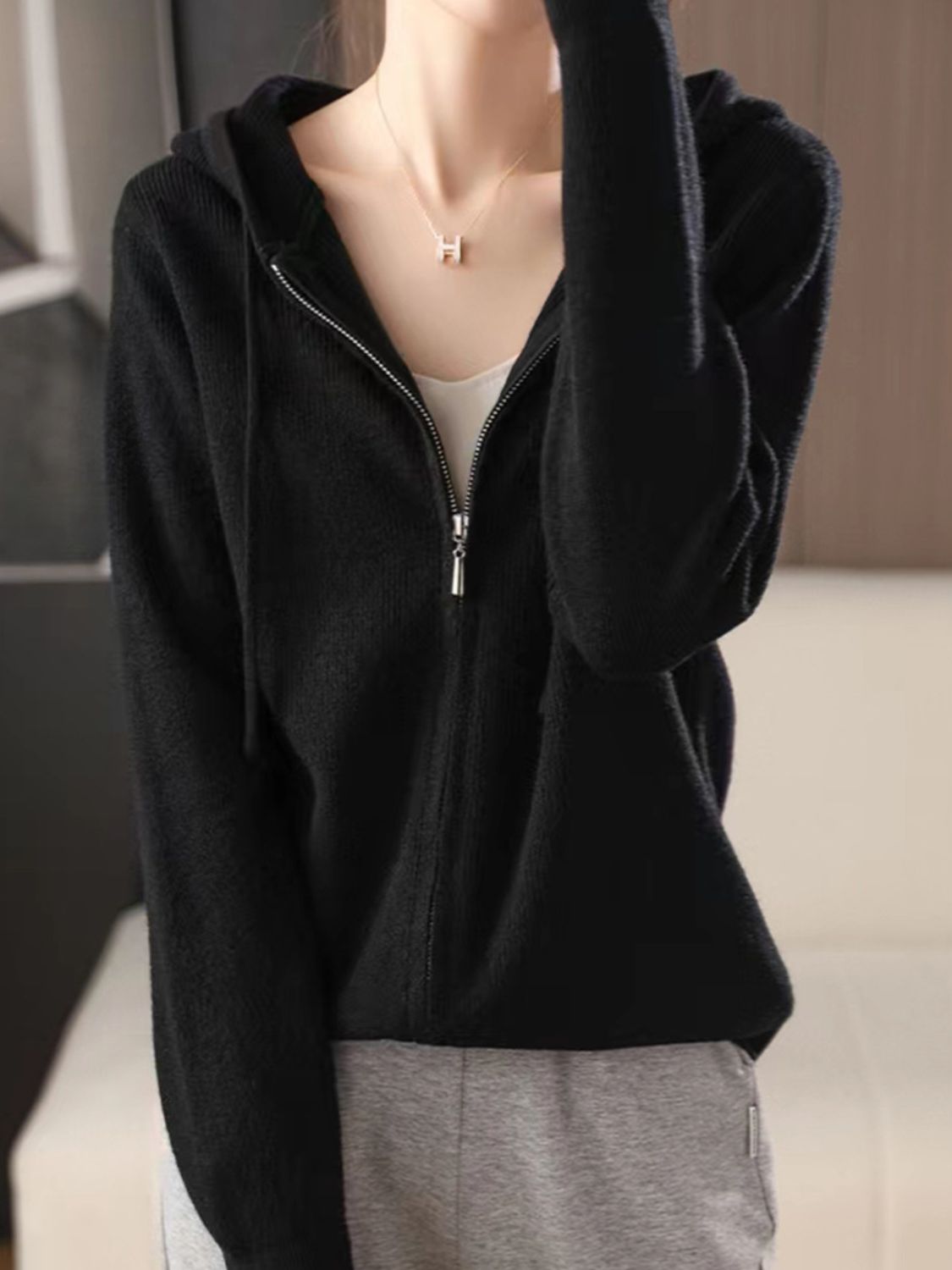 Women's Brown Long Sleeve Zip Up Knit Hoodie with Drawstring - Image 18