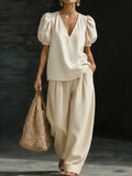 Women's V-Neck Puff Sleeve Top and Wide Leg Trouser Set - Image 5