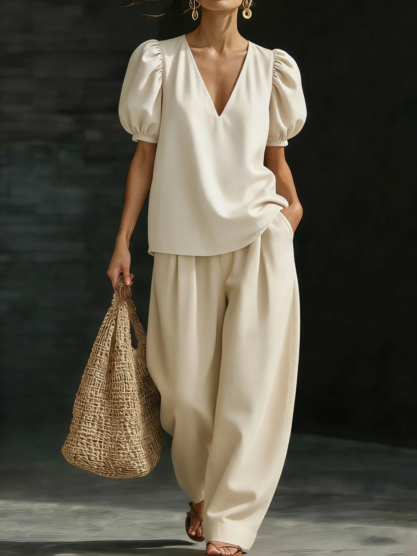 Women's V-Neck Puff Sleeve Top and Wide Leg Trouser Set - Image 5