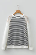 Stripe Textured Knit Lace Patchwork Long Sleeve Top