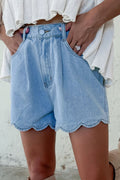 High-rise Fiona scalloped trim denim shorts in light blue with a relaxed A-line silhouette.