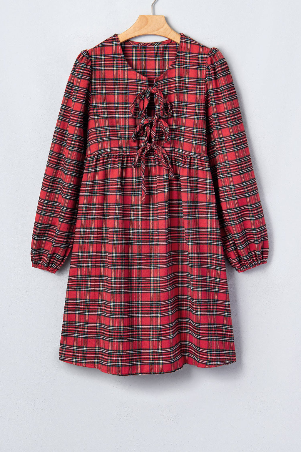Plaid Bow Tie Front Puff Long Sleeve Dress