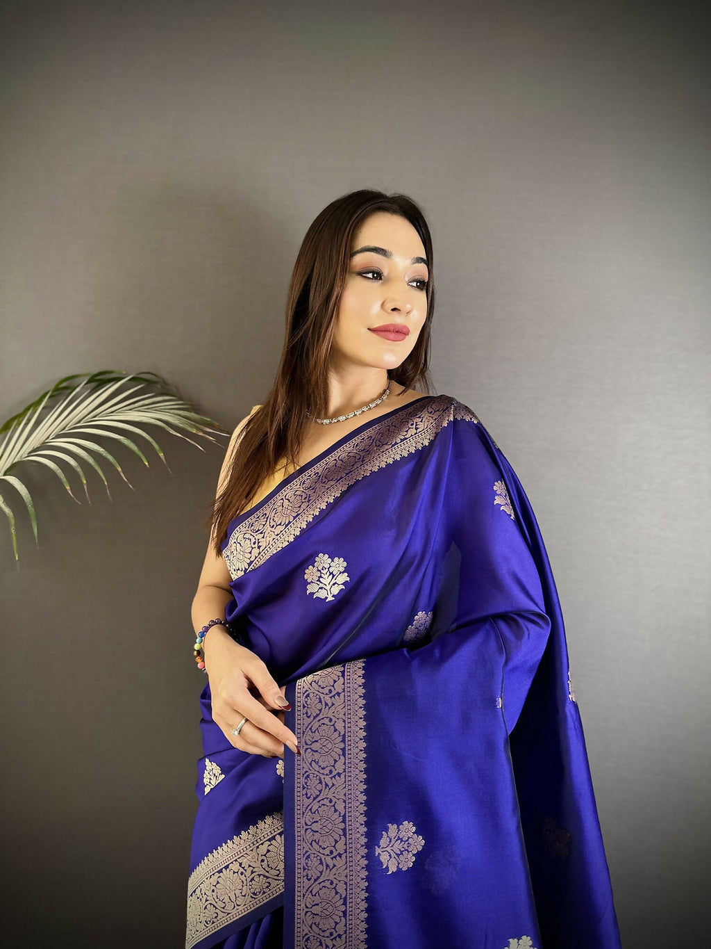 Royal Blue Floral Jacquard Banarasi Cotton Silk Saree