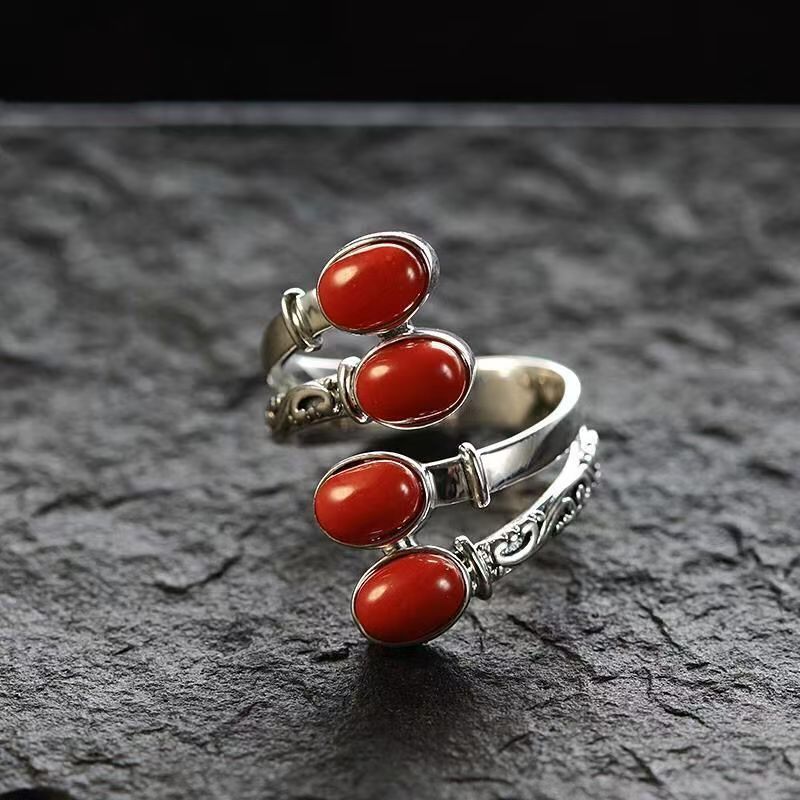 New Cross-Border Fashion Exaggerated Red Turquoise Ring European And American Creative Retro Opening Adjustable Ethnic Style Unisex