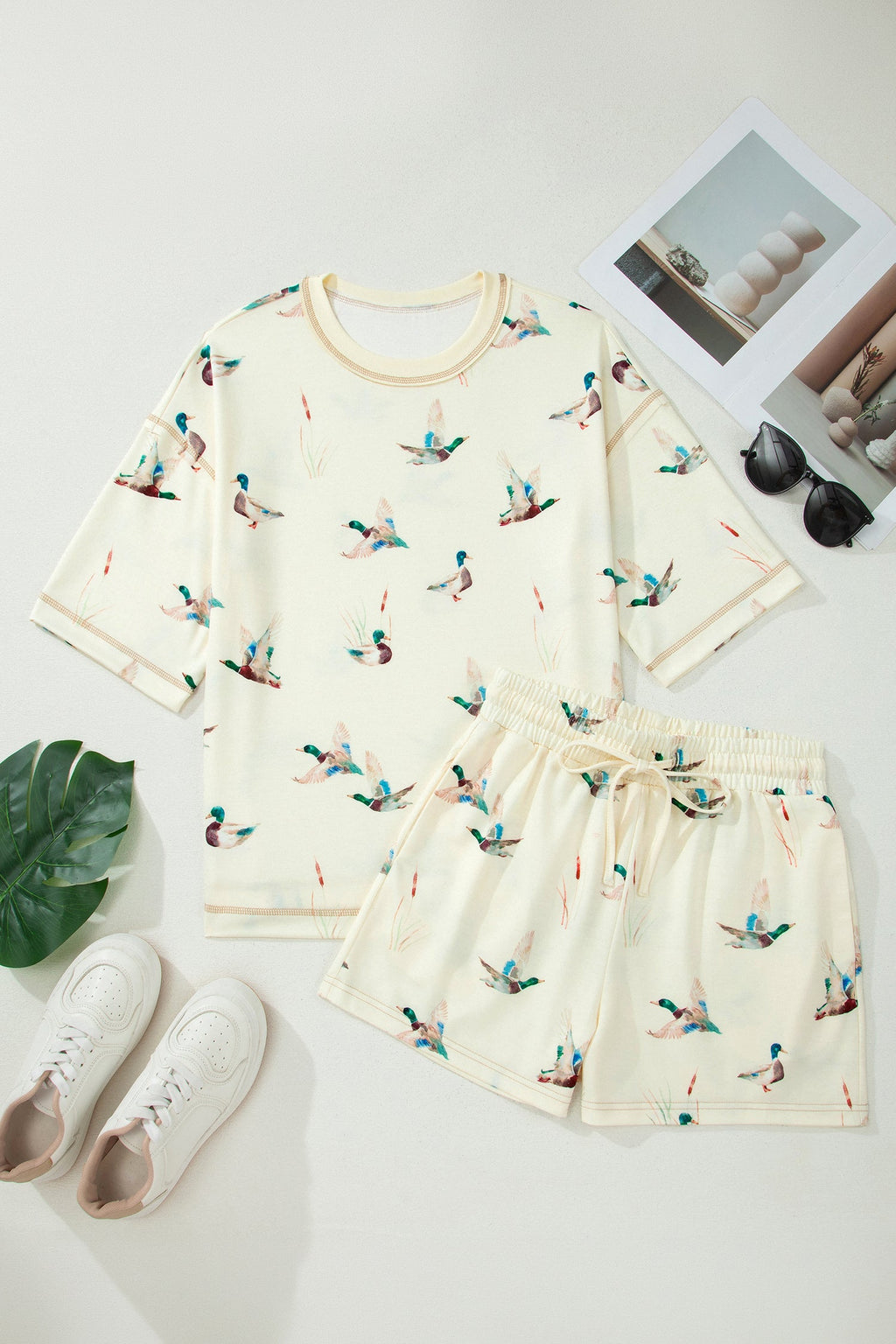 Whimsical Mallard Duck Print Oversized Tee and Shorts Set