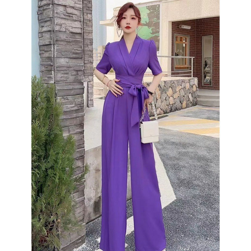 Elegant Wide Leg Jumpsuit - High Waist Slimming Tie-Front V-Neck