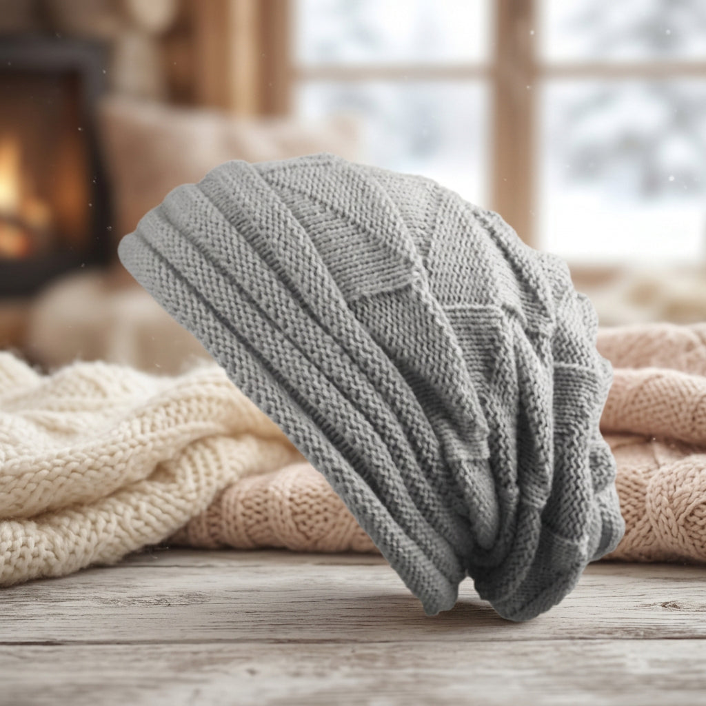 Wool Pleated Cuffed Knit Beanie – Flat Top Grid Pattern Winter Hat