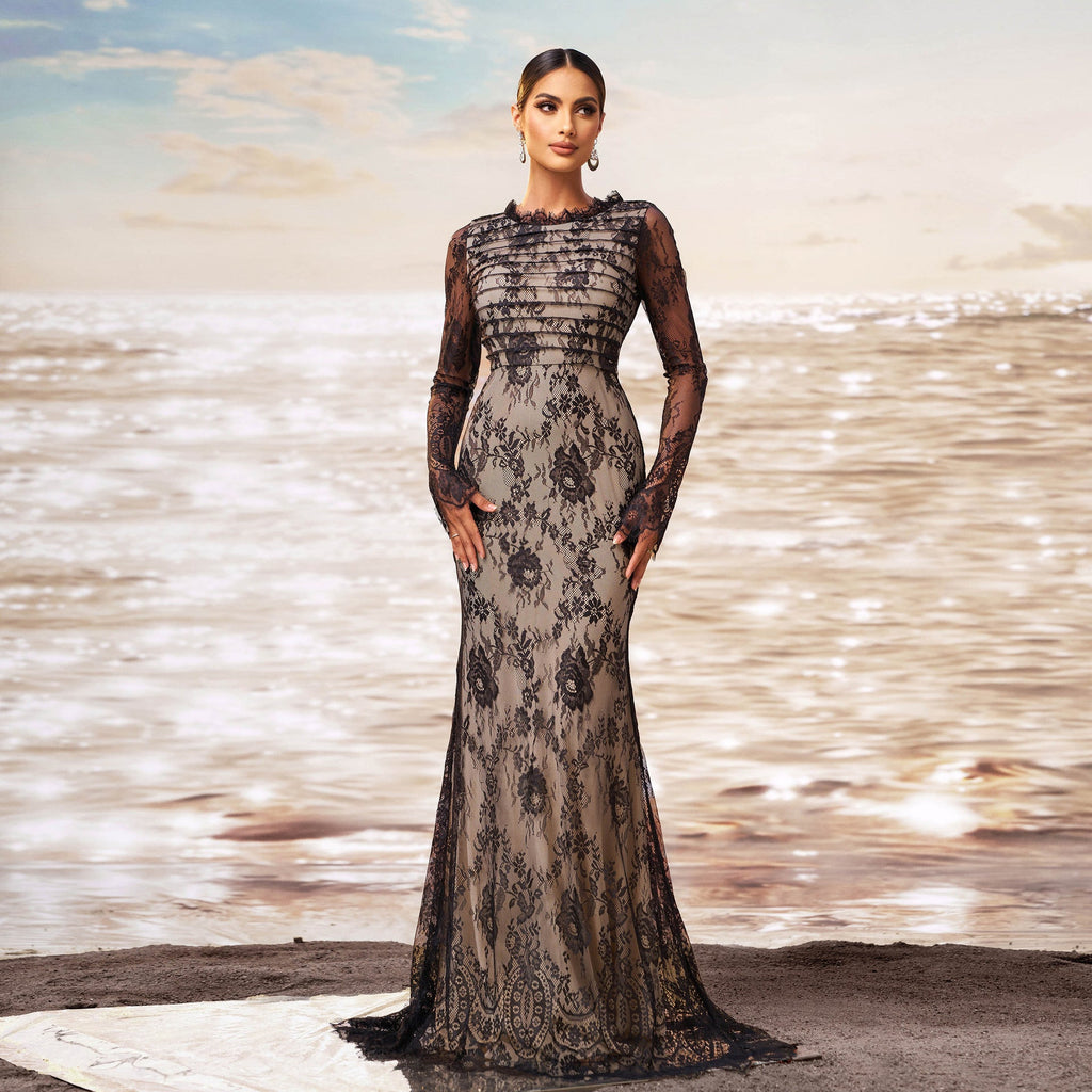 Black Long Sleeve Gauze Fishtail Evening Dress with Sequin Detail