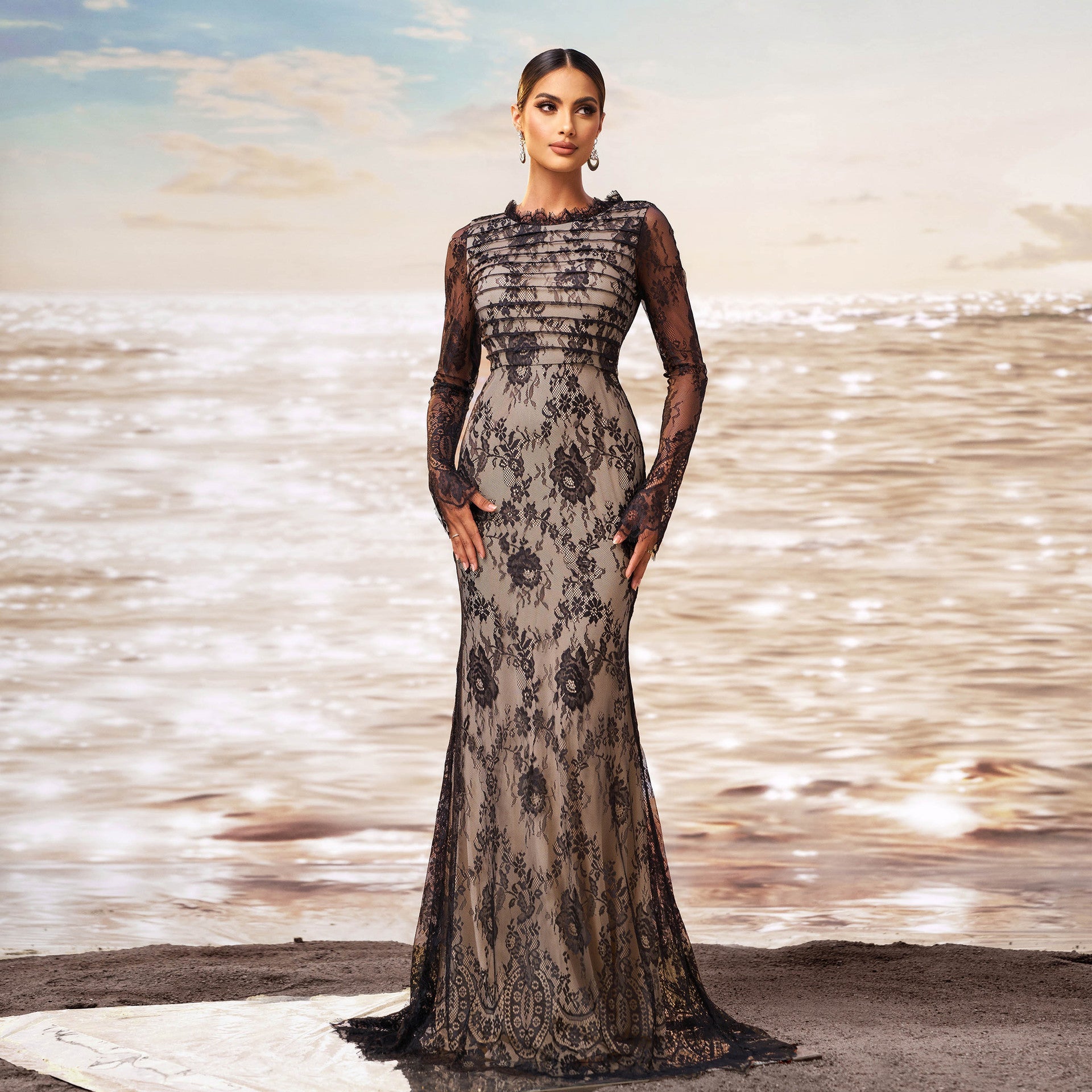 Black Long Sleeve Gauze Fishtail Evening Dress with Sequin Detail