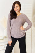 Drawstring Ribbed Long Sleeve T-Shirt | Stretchy Knit Top