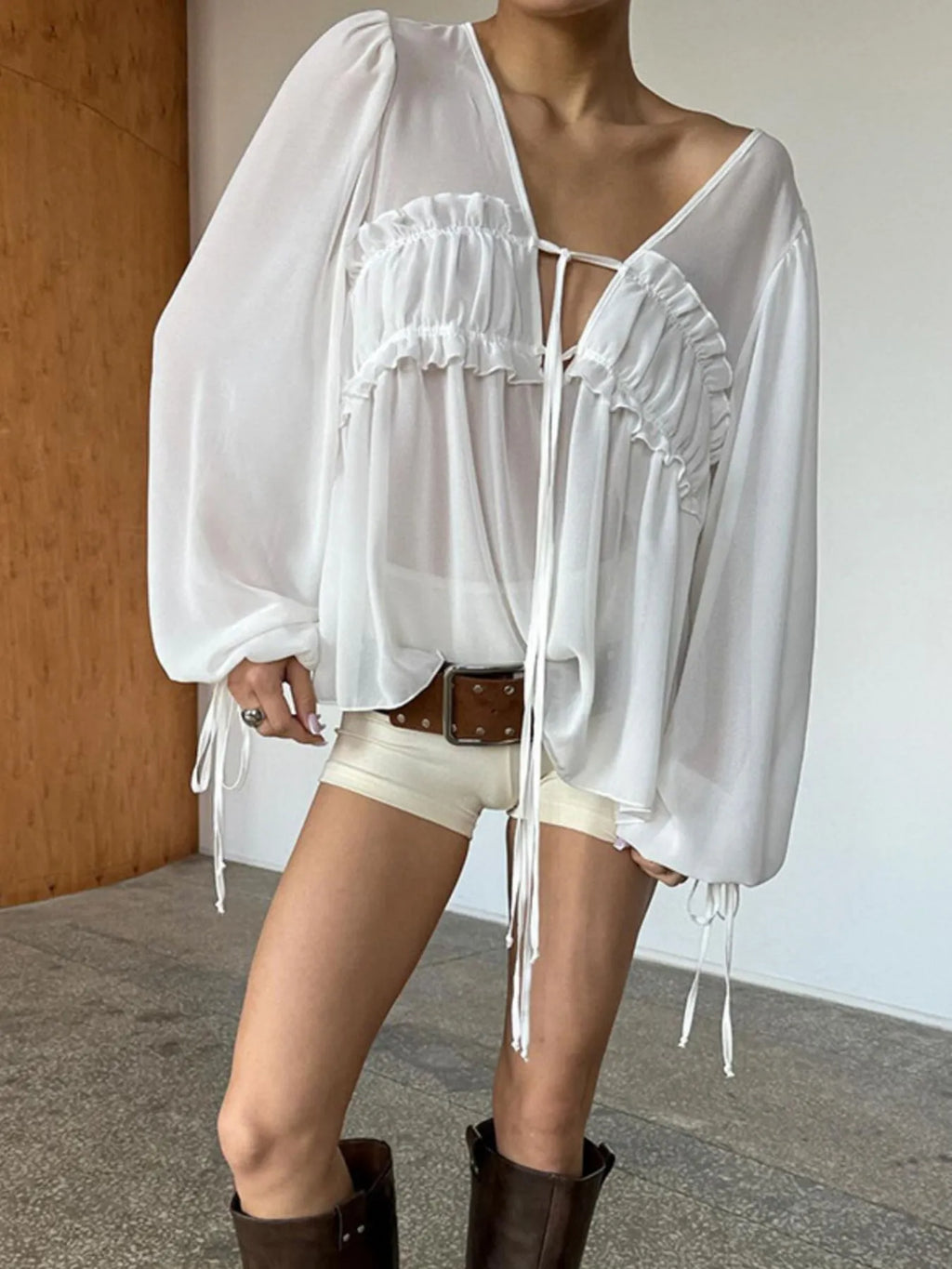 White Ruffled Tie Front Long Sleeve Sheer Blouse - Image 4