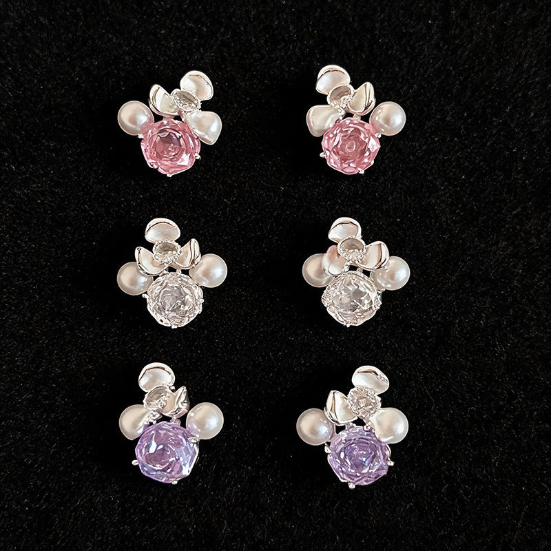 Women Flower Cubic Zirconia Pearl Stud Earrings,Fresh Sweet Light Luxury Delicate Dangle Earrings,Niche Design Fashion Daily Occasion Jewelry