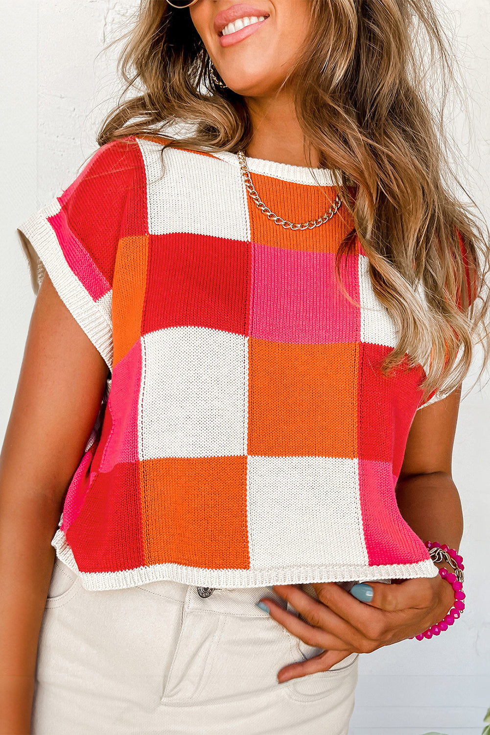 White Color Block Cap Sleeve Sweater for Chic Casual Style