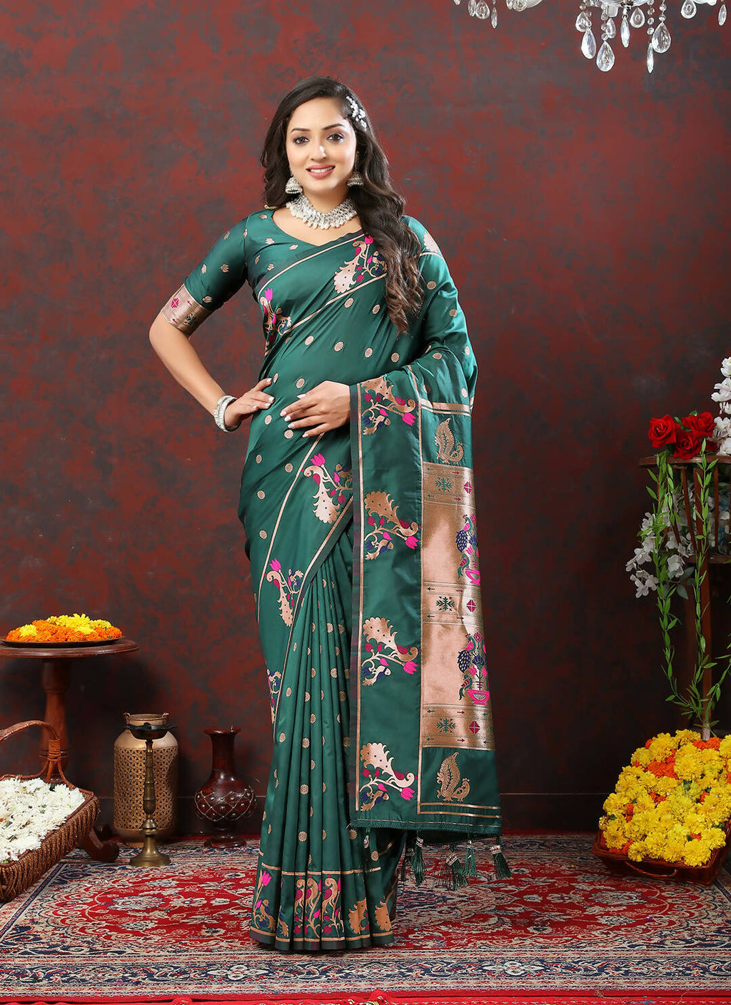 Green Soft Paithani Silk Saree with Copper Zari Meenakari Weaving