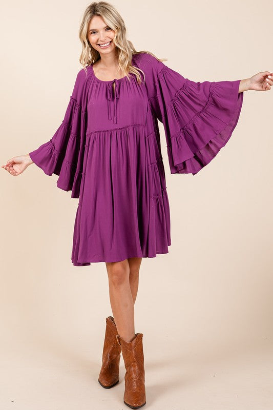 Frill Tie Neck Bell Sleeve Midi Dress for Women