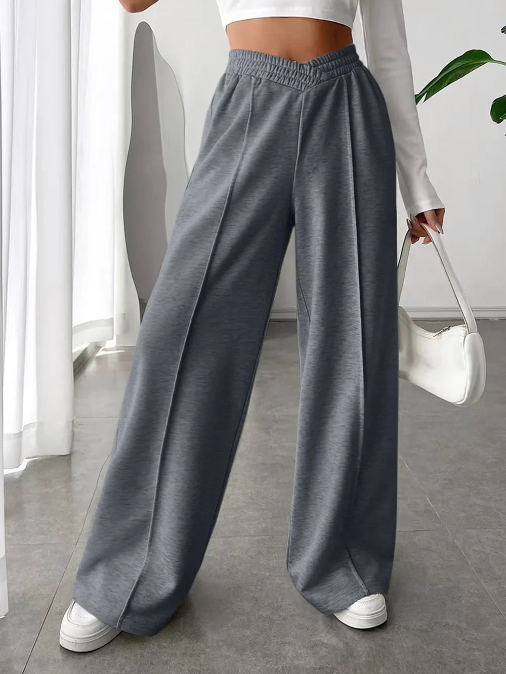Elastic Waist Wide Leg Pants | Grey Knit Relaxed Fit