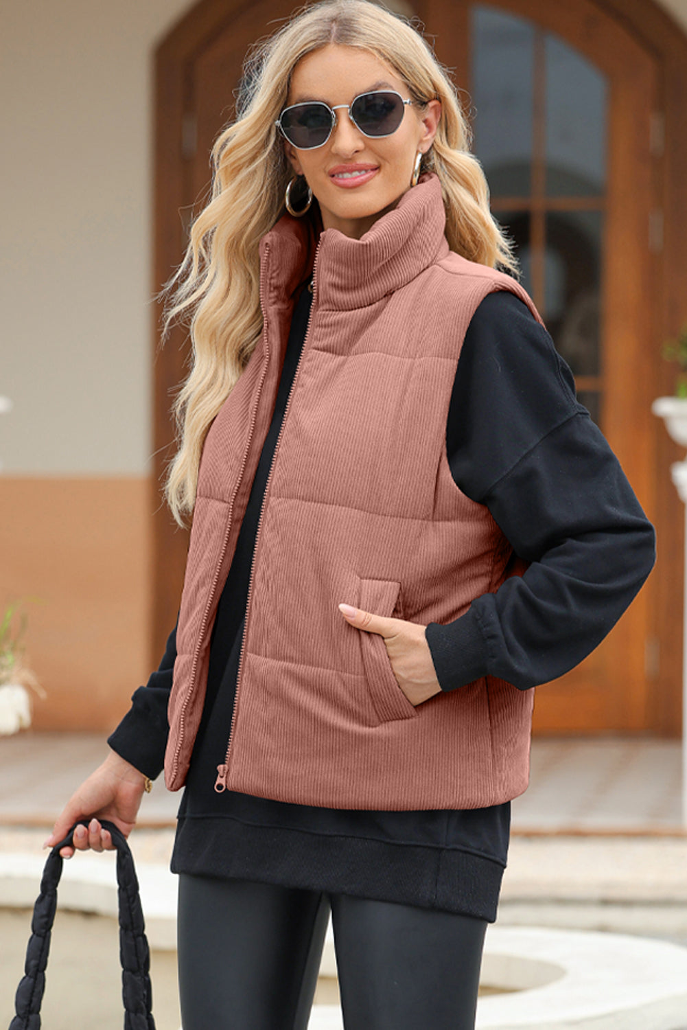 Pocketed Zip Up Turtleneck Vest Coat | Polyester
