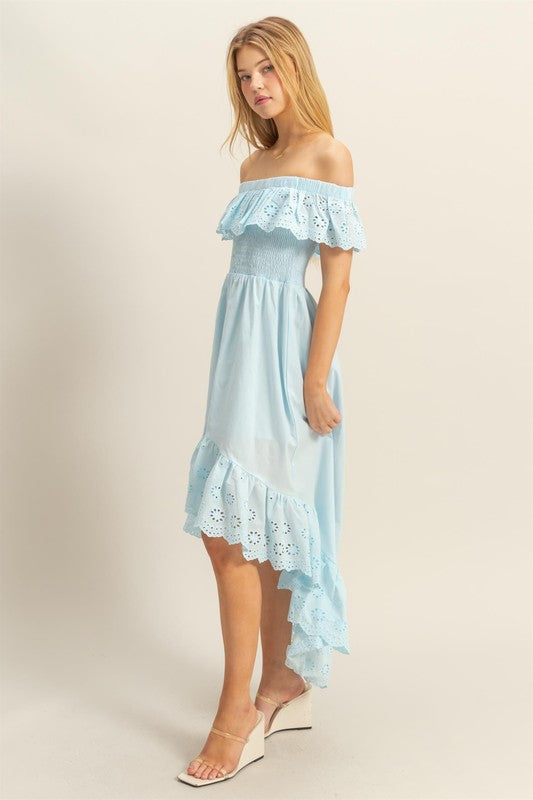 High-Low Ruffled Off-Shoulder Eyelet Dress for Summer