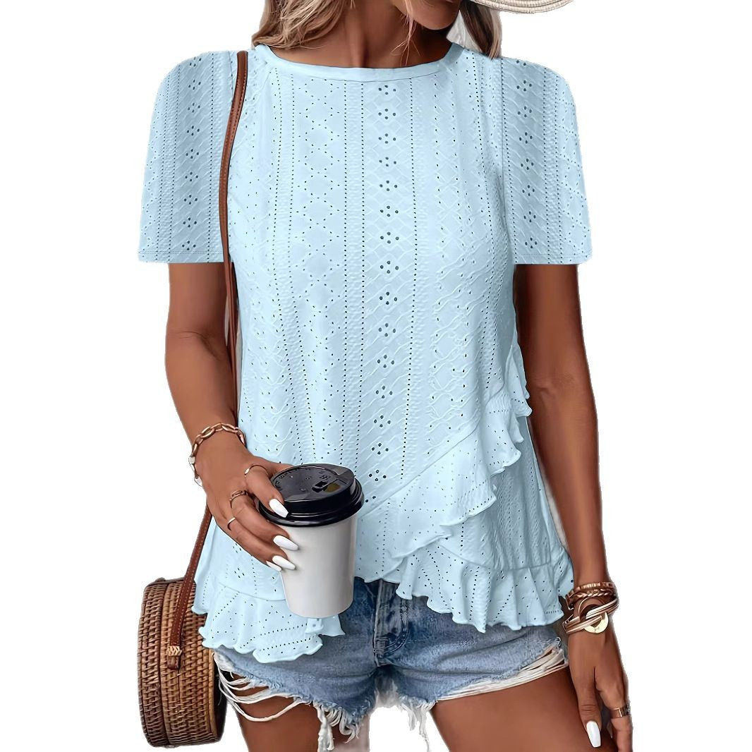 Women’s Casual Short Sleeve Crew Neck Ruffle Hem Top