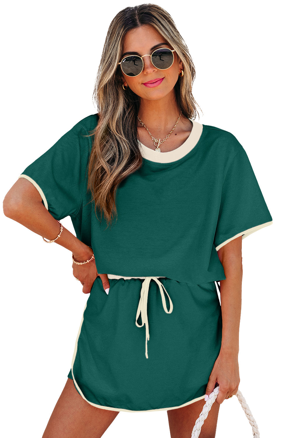 Evergreen Colorblock Drop Shoulder T-Shirt & Skort Set