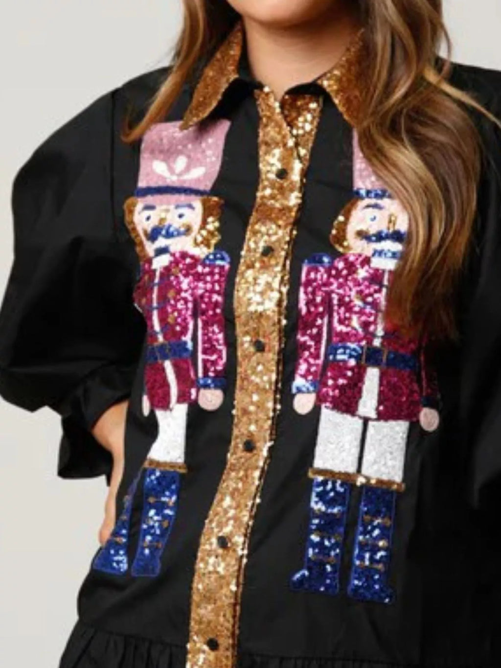 Full Size Christmas Sequin Nutcracker Tiered Shirt Dress Plus Size