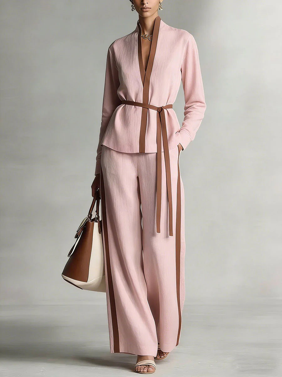 Women’s Contrast Trim Belted Cardigan and Wide Leg Pants Set - Image 8