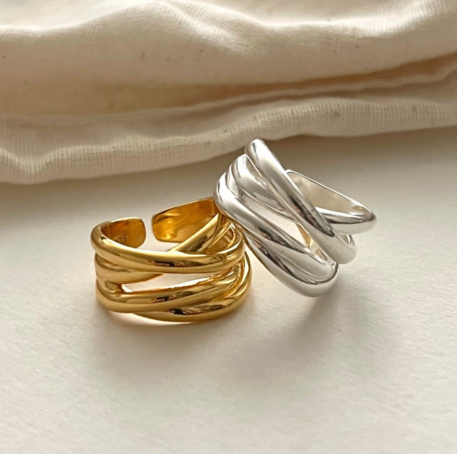 S925 Sterling Silver Heavy Craft Irregular Cross Line Ring, Multi-Layer Niche Silver Jewelry For Women, INS Style Band
