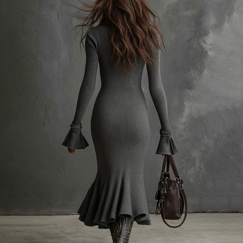Women's Half Zip Ribbed Bodycon Dress with Flared Sleeves - Image 4