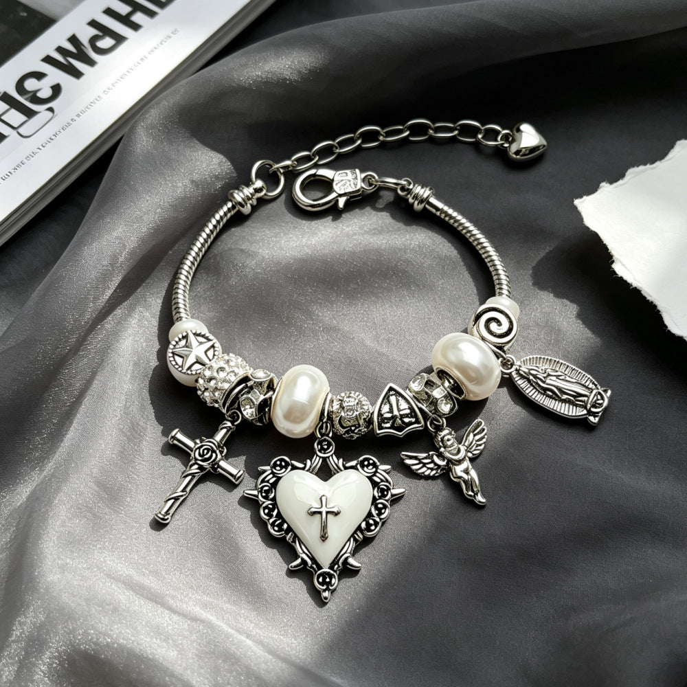 Retro Silver-White Heart And Cross Bracelet