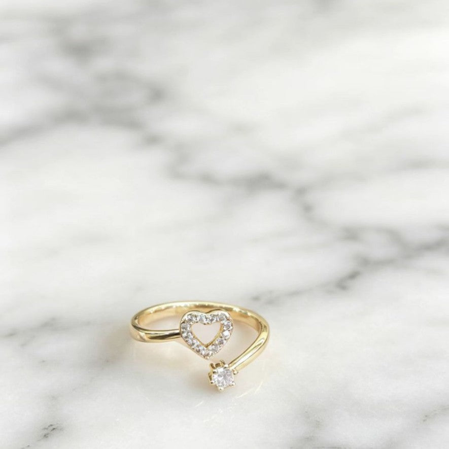 Gold Open-Heart Single-Stone Adjustable Ring for Women