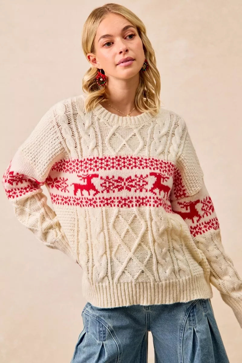Christmas Fair Isle Cable Knit Sweater in Red