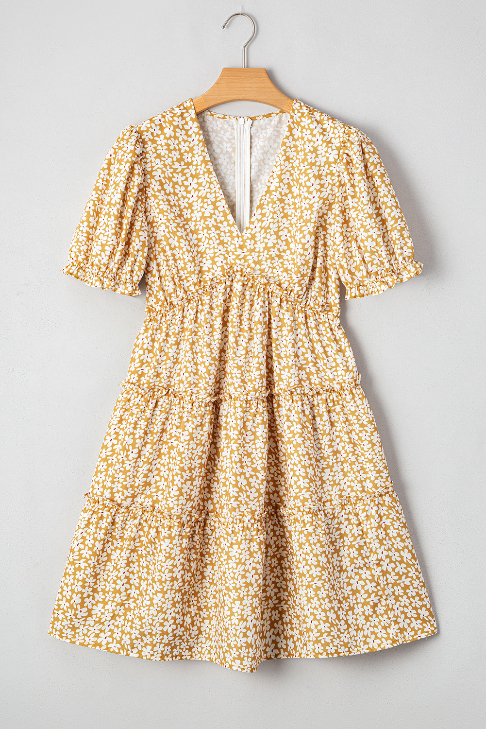 Yellow Floral V Neck Tiered Mini Dress | Short Sleeve