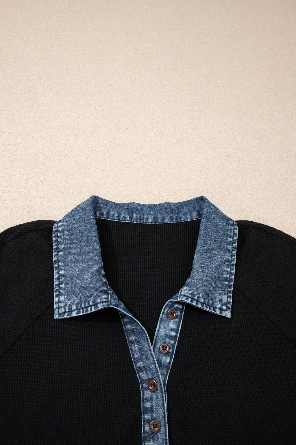 Denim Patchwork Waffle Knit Polo Tee