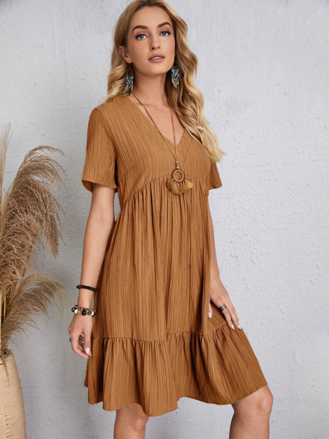 Classic V-Neck Short Sleeve Casual Midi Dress