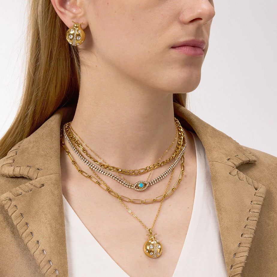 18k Gold Ladybug Necklace and Earrings Set with Zircon Details