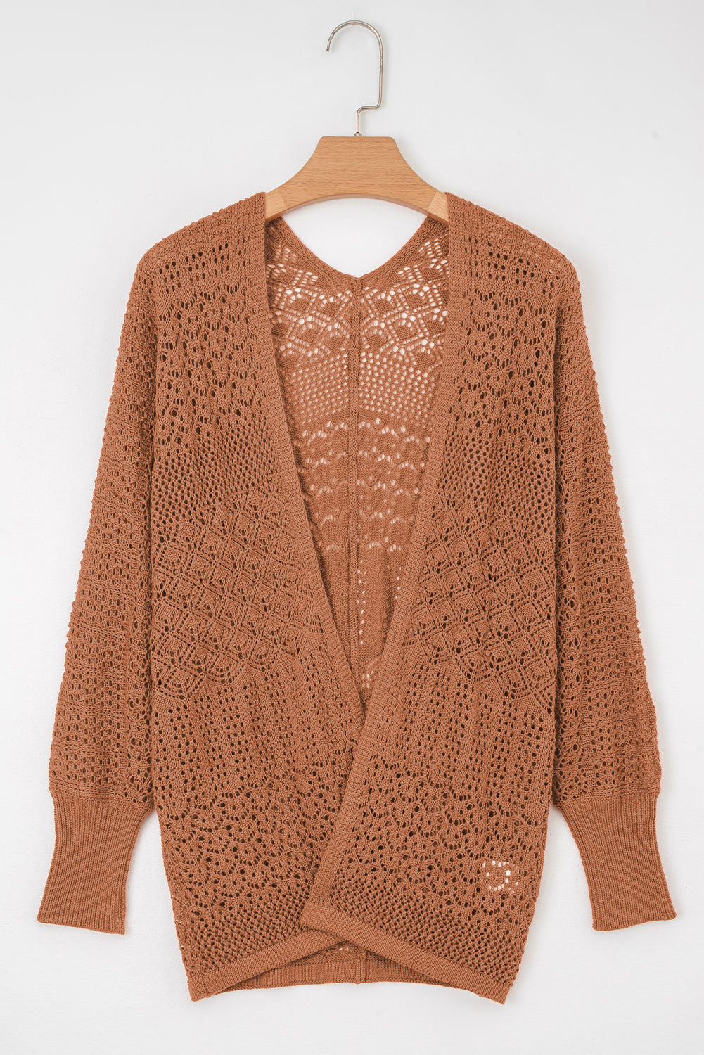 Solid Hollow Knit Open-Front Cardigan