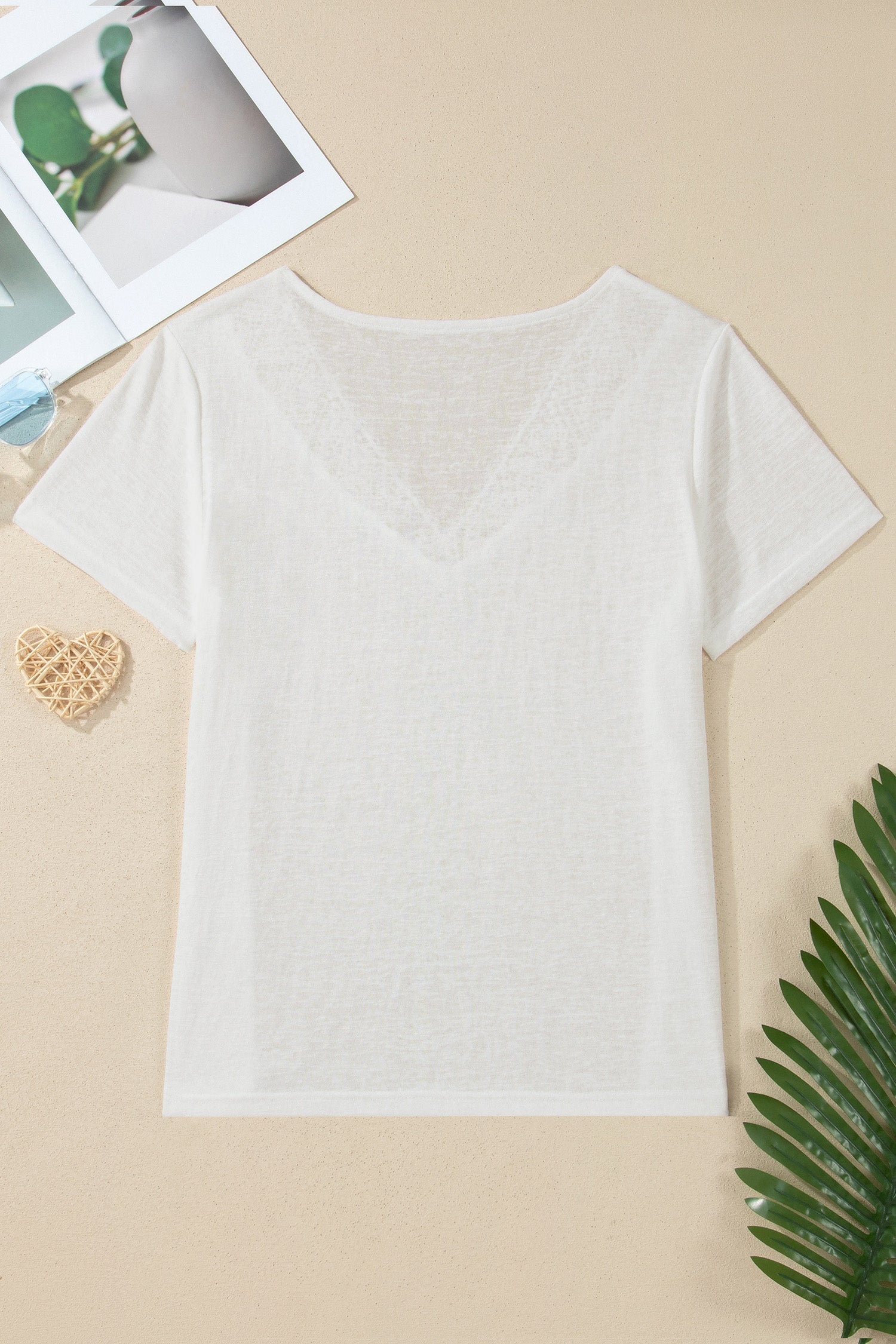 White Solid Hollowed Lace Trim V-Neck T-Shirt