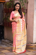 Pink silk blend saree with geometric print and woven pattu border
