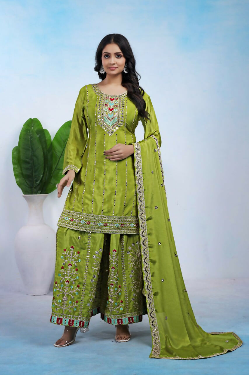 Elegant green silk embroidered kurti and sharara set with matching dupatta