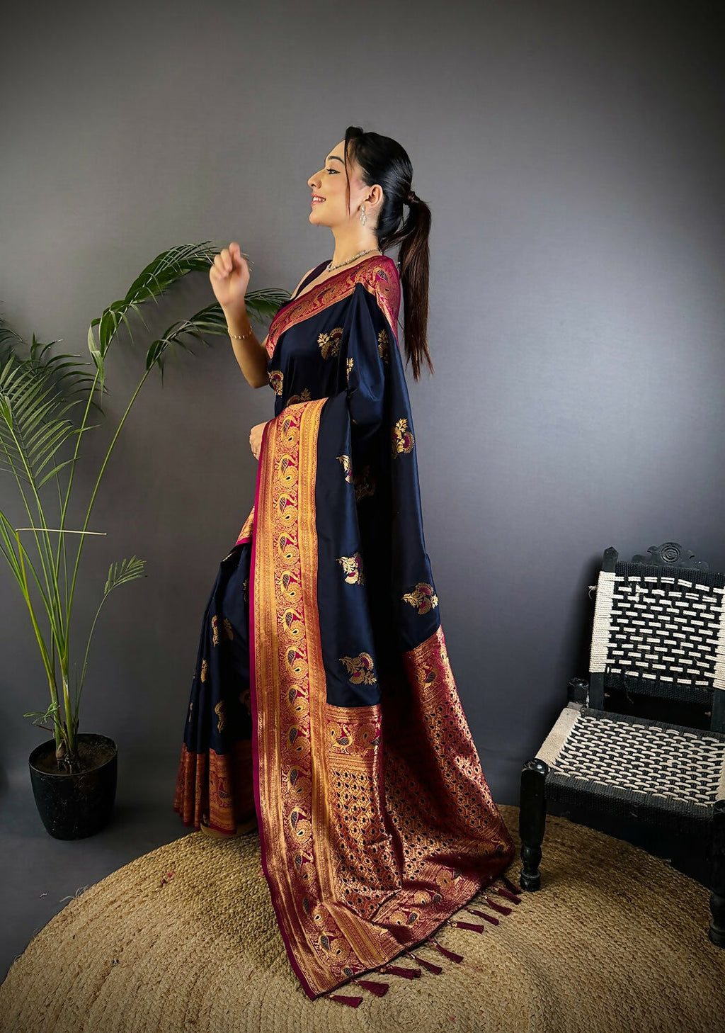 Navy Blue Woven Banarasi Soft Silk Saree with Blouse
